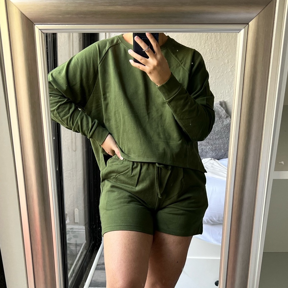 Army Green French Terry Pullover Top and Shorts Set
